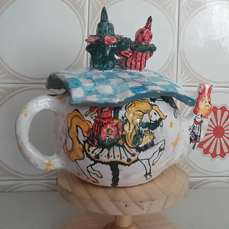 Circus Teapot back view with the lid, majolica ceramics, 2025
