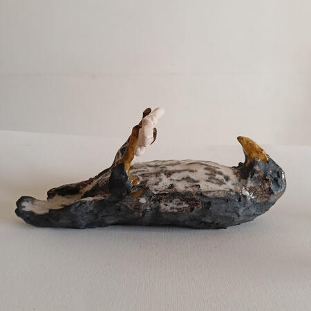 Crow Playing, Raku sculpture, 2025